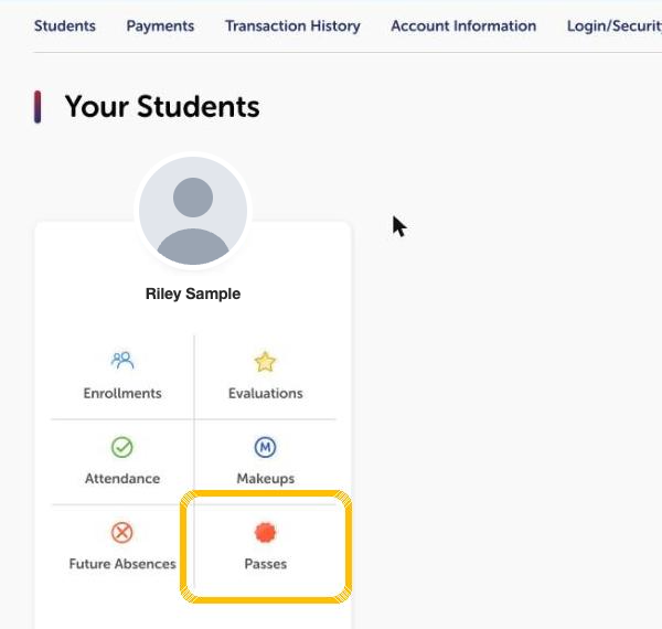 An athlete's card in the portal with the Passes option highlighted.