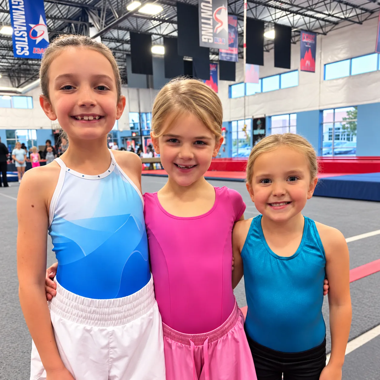 Three young gymnasts in leotards smiling with their arms around each other in the gym
